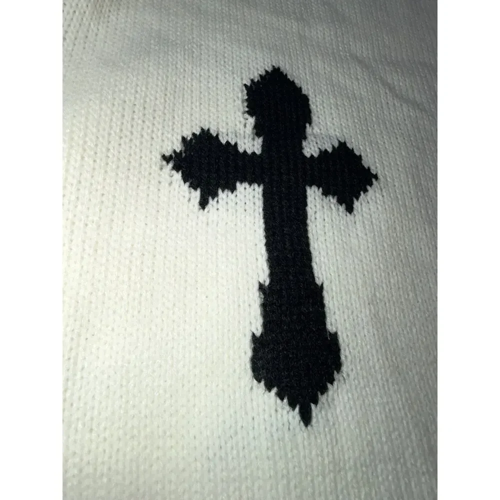 White Distressed Knit Sweater with Black Cross Details